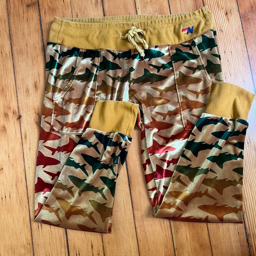 Aviator nation velour/velvet sweat pants rainbow shark print